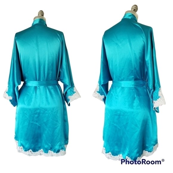 NATORI Vintage Satin Lace Trim Embroidered Sleeves Short Robe M - Picture 3 of 12